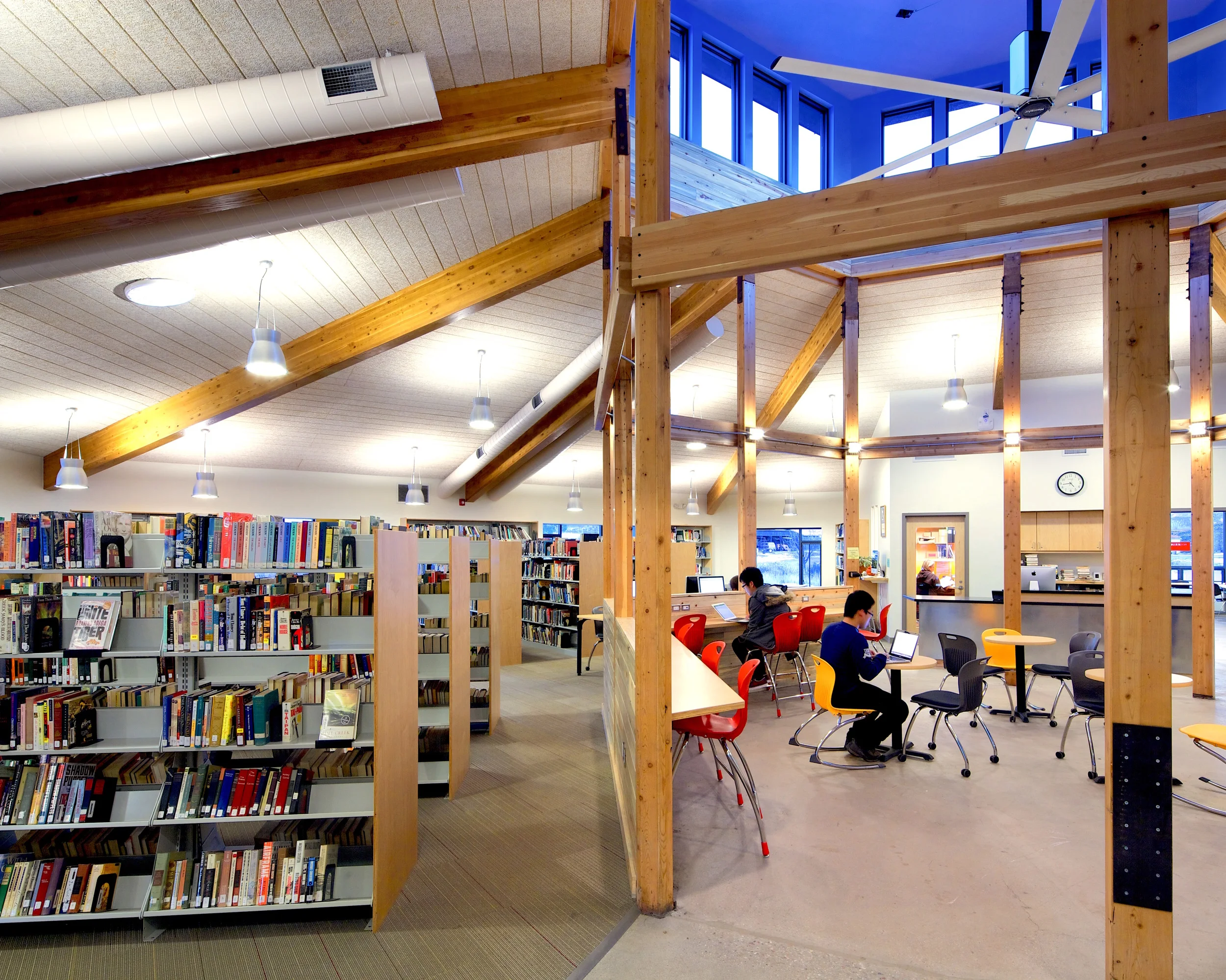 The new library has plenty of light and space for stacks, offices, and study areas. Follow this  link  to a virtual tour.