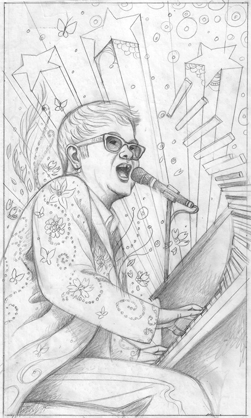 Sketch 1: The floral detail and glitter on his jacket floats outward to echo those fabulous feathers from former costumes. I was also trying to convey Elton's creative energy bursting outward.