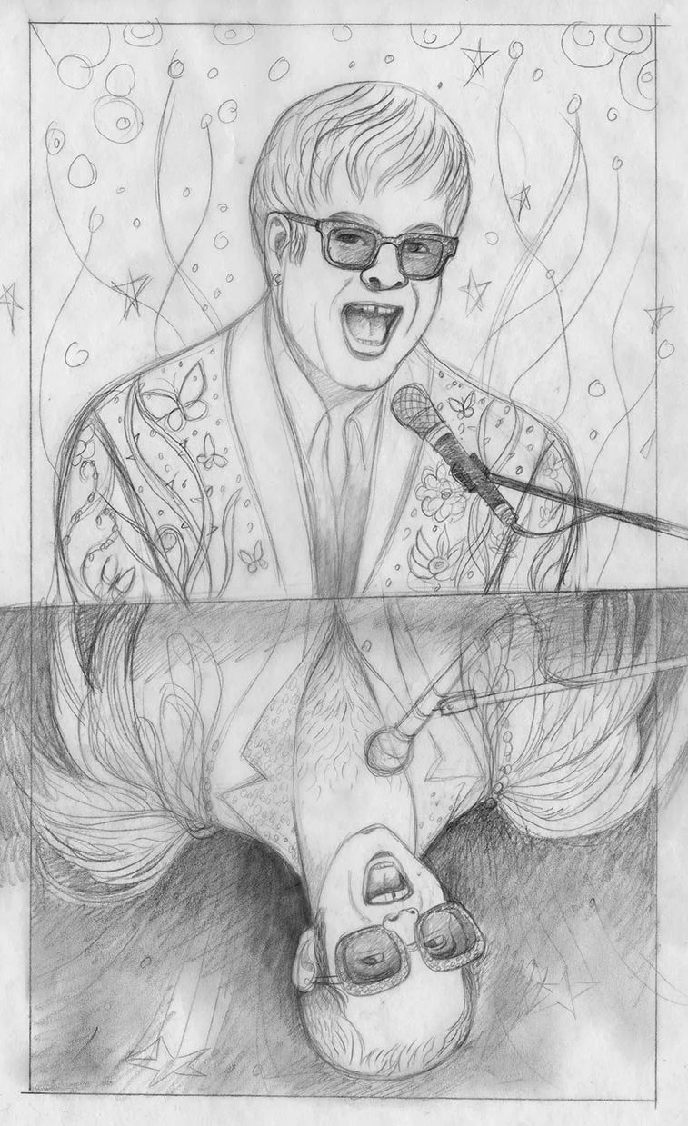 Sketch 2: a reflection of a 1970's Elton in his fantastic Bob Mackie feather outfit
