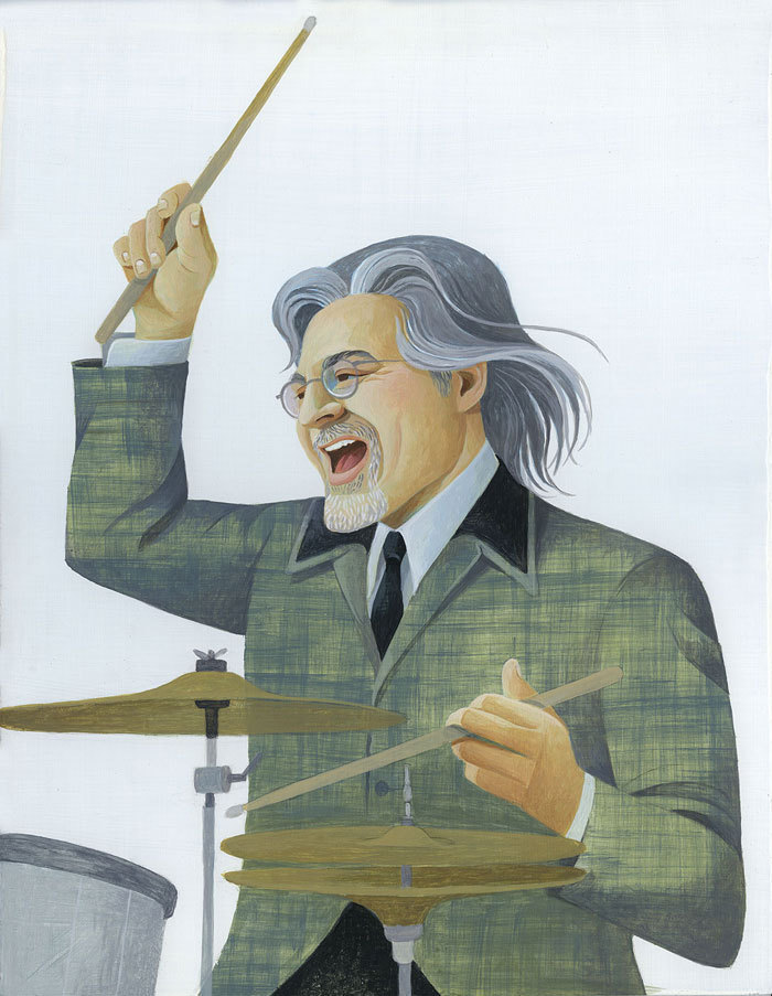 Max Weinberg (fictitiously) wearing one of Ringo Starr's jacket. In the article Weinberg remembers that as a high school student he tried to emulate Ringo's outfits.
