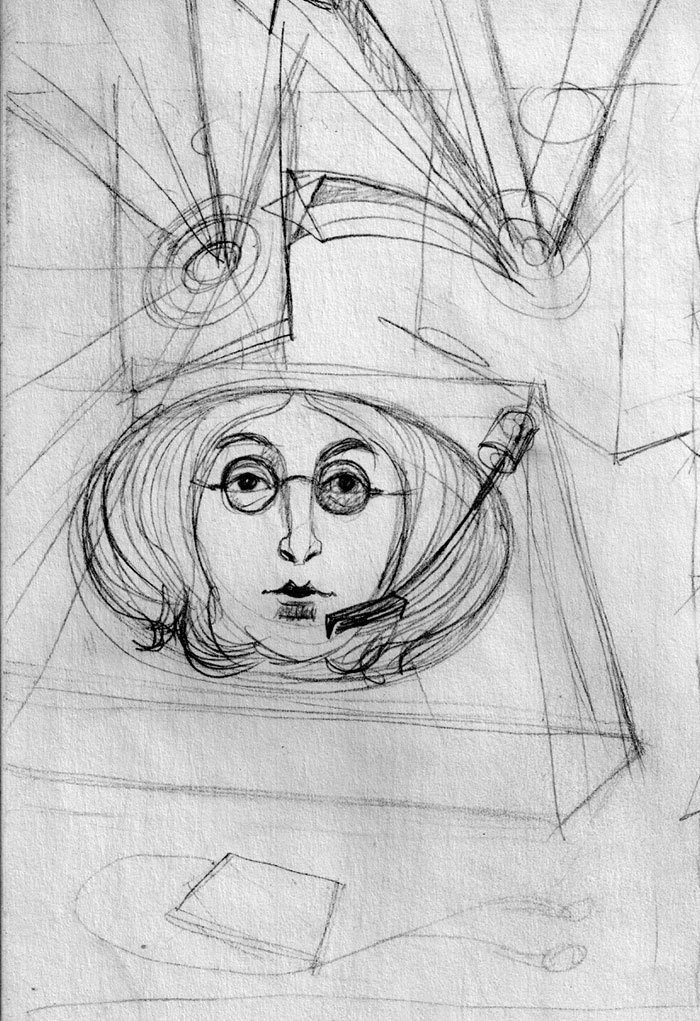 One of my initial thumbnails in my sketchbook for the Playboy piece with John's face as the vinyl.
