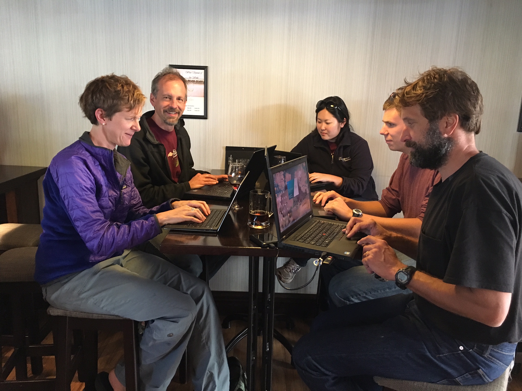  The crew working communally on the web page at our hotel in Christchurch.&nbsp; So far our flight to McMurdo has been delayed by two days, a common occurrence due to bad weather at McMurdo. 