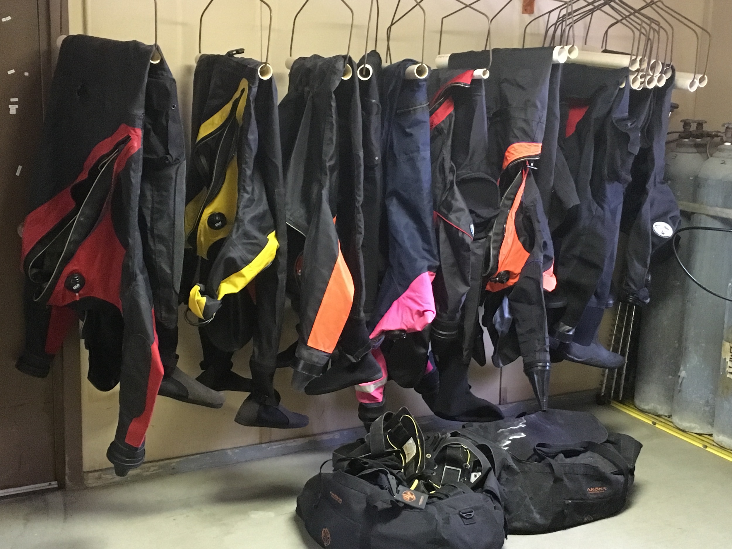  A rainbow of drysuits in the McMurdo dive locker. 