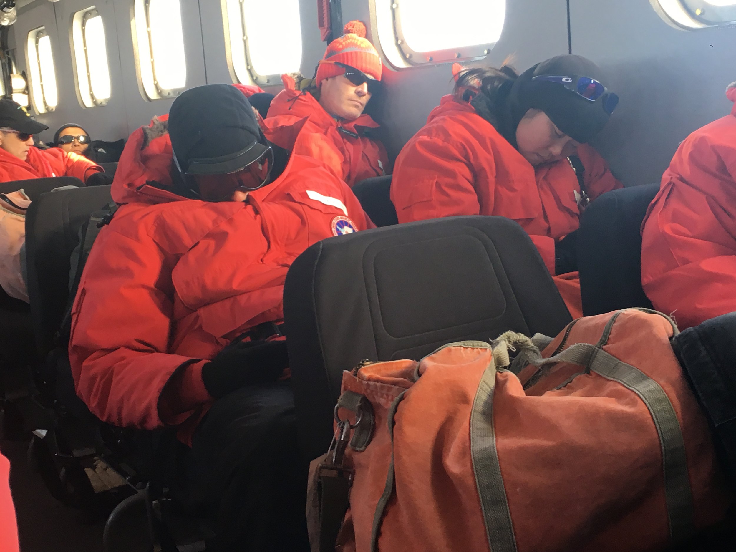 Caitlin and Steve getting some shuteye in the Kress ride from the airfield to McMurdo Station, in preparation for a grueling season!