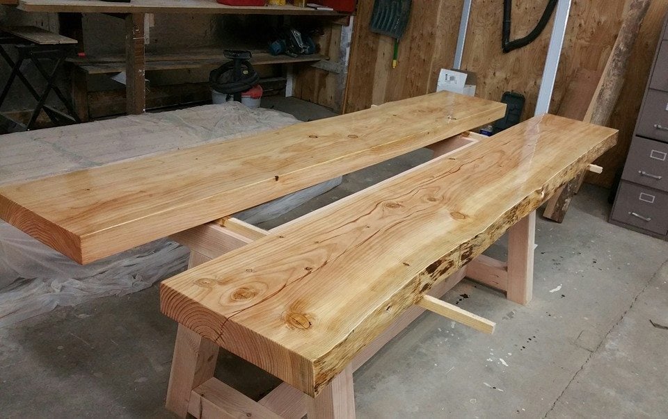  This is a lunch table that we made for the office. Again, it is all Douglas Fir, and we ended up staining the frame dark, because it contrasts with the table top. These slabs are so heavy that we had to wait to attach them to the frames until we had
