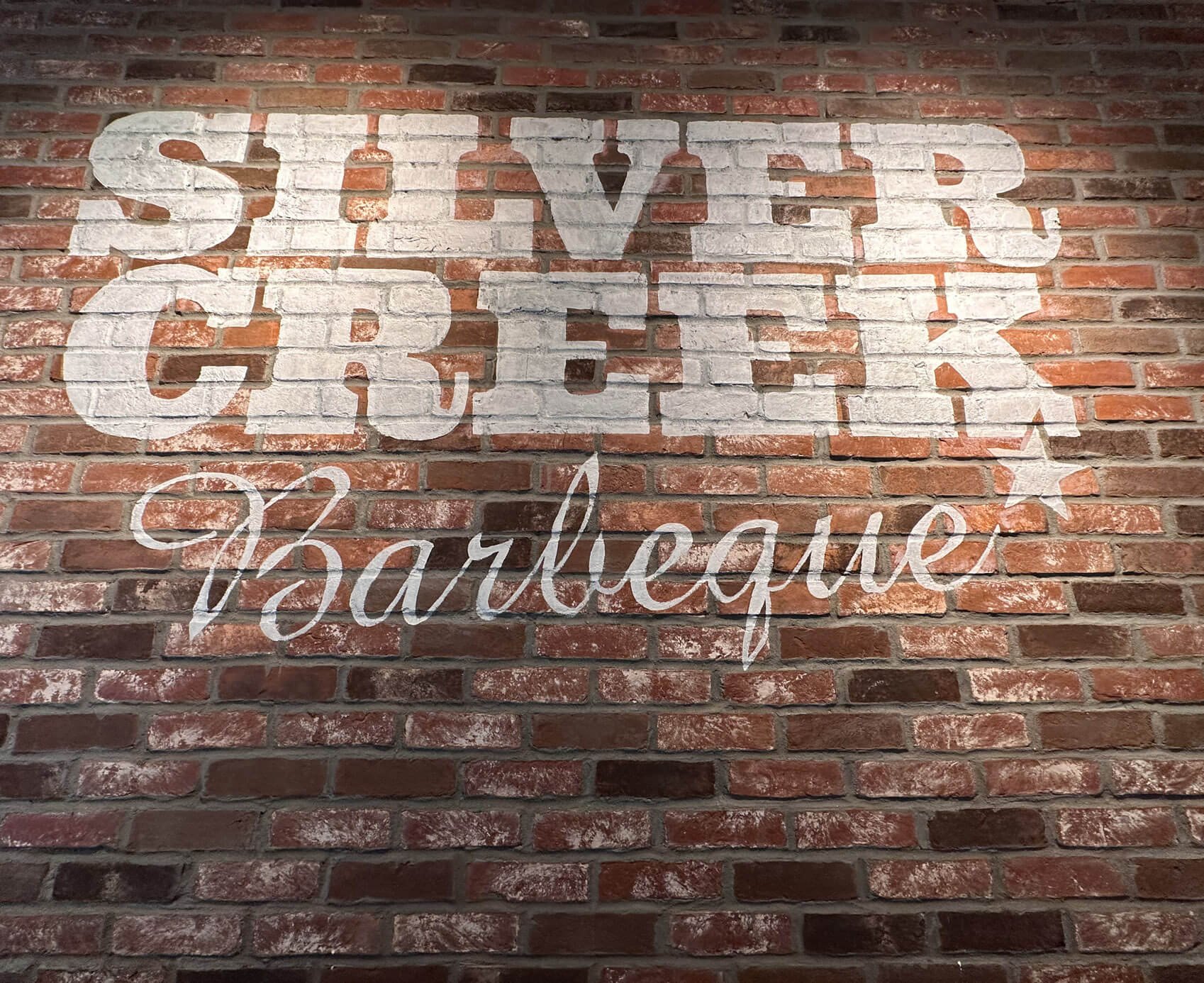 Silver Creek BBQ dining room logo sign on brick wall 8'x5 '2025