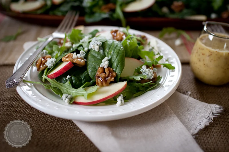 autumn salad with apples, blue cheese, + candied walnuts