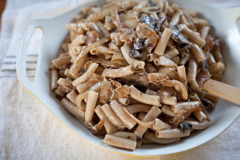 pasta with portobello mushrooms, caramelized onions, + chèvre