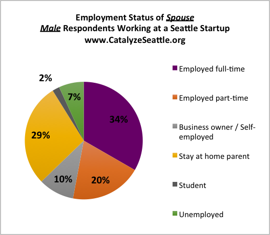 Pie chart showing the employment status of the spouses of men startup workers: 34% employed full time, 29% stay at home parent, 20% employed part time, 10% business owner / self employed, 7% unemployed, 2% student.