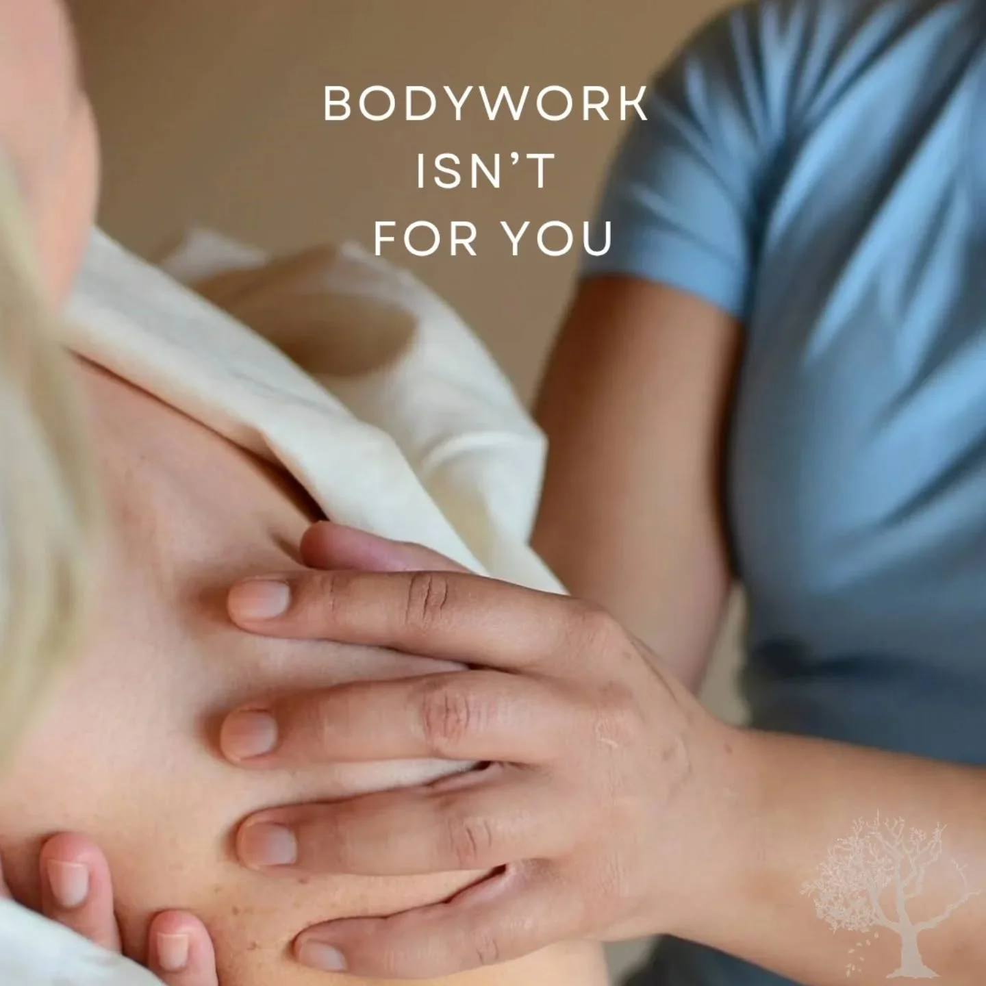 Bodywork Isn't For You

If you only go for massages when they're covered, this probably isn't for you. 

If you&rsquo;re expecting the same routine as last time,
asking for work &ldquo;just on your shoulders,&rdquo;
or if you think pressure equals de