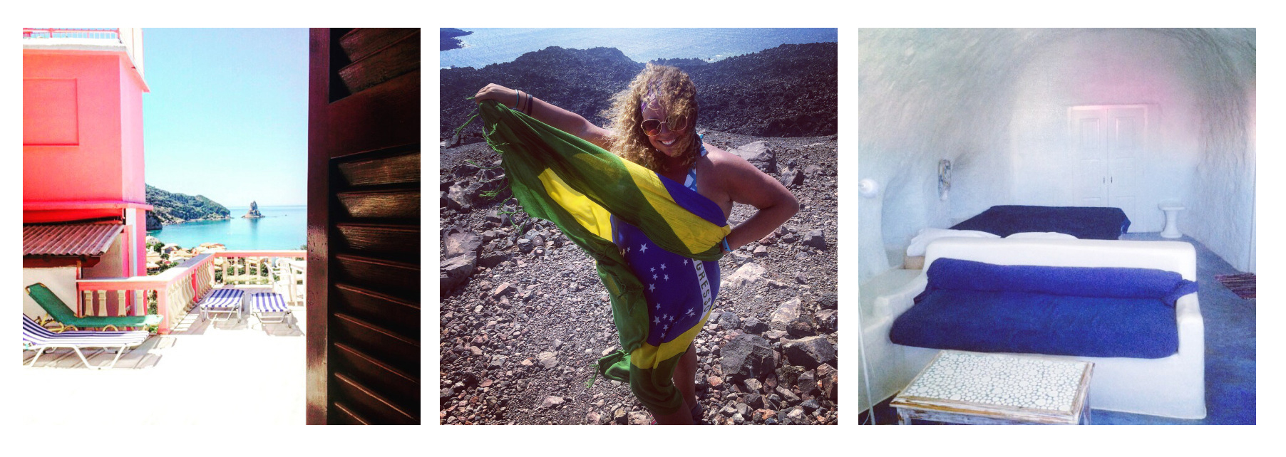 Jenna's stay at The Pink Palace in Corfu, Jenna atop a volcano in Santorini, Jenna's stay at Caveland in Santorini (photos by @jennalogic) 