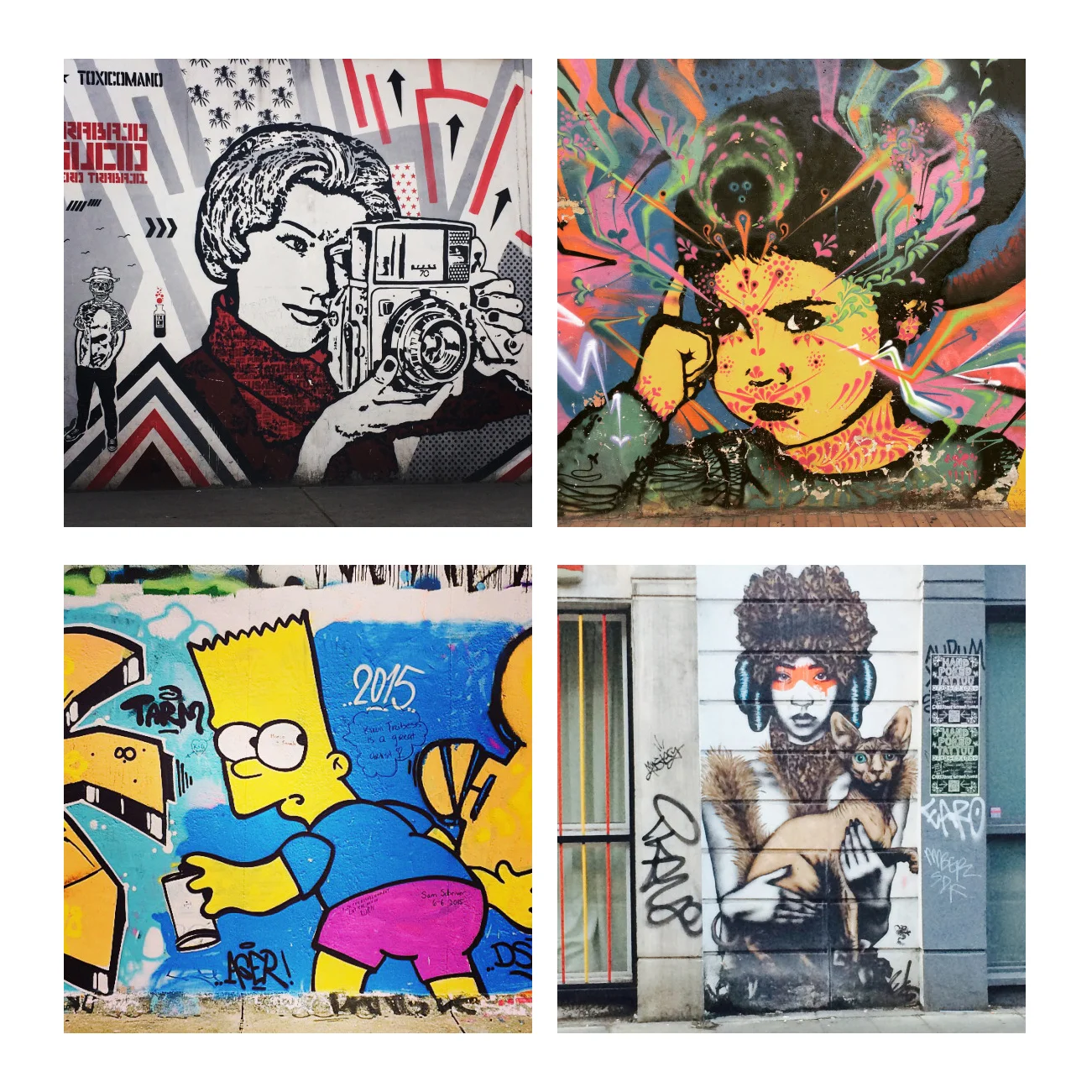 Clockwise from top left: graffiti in Bogotoa, Bogota, London, Berlin (photos by @jennalogic) 