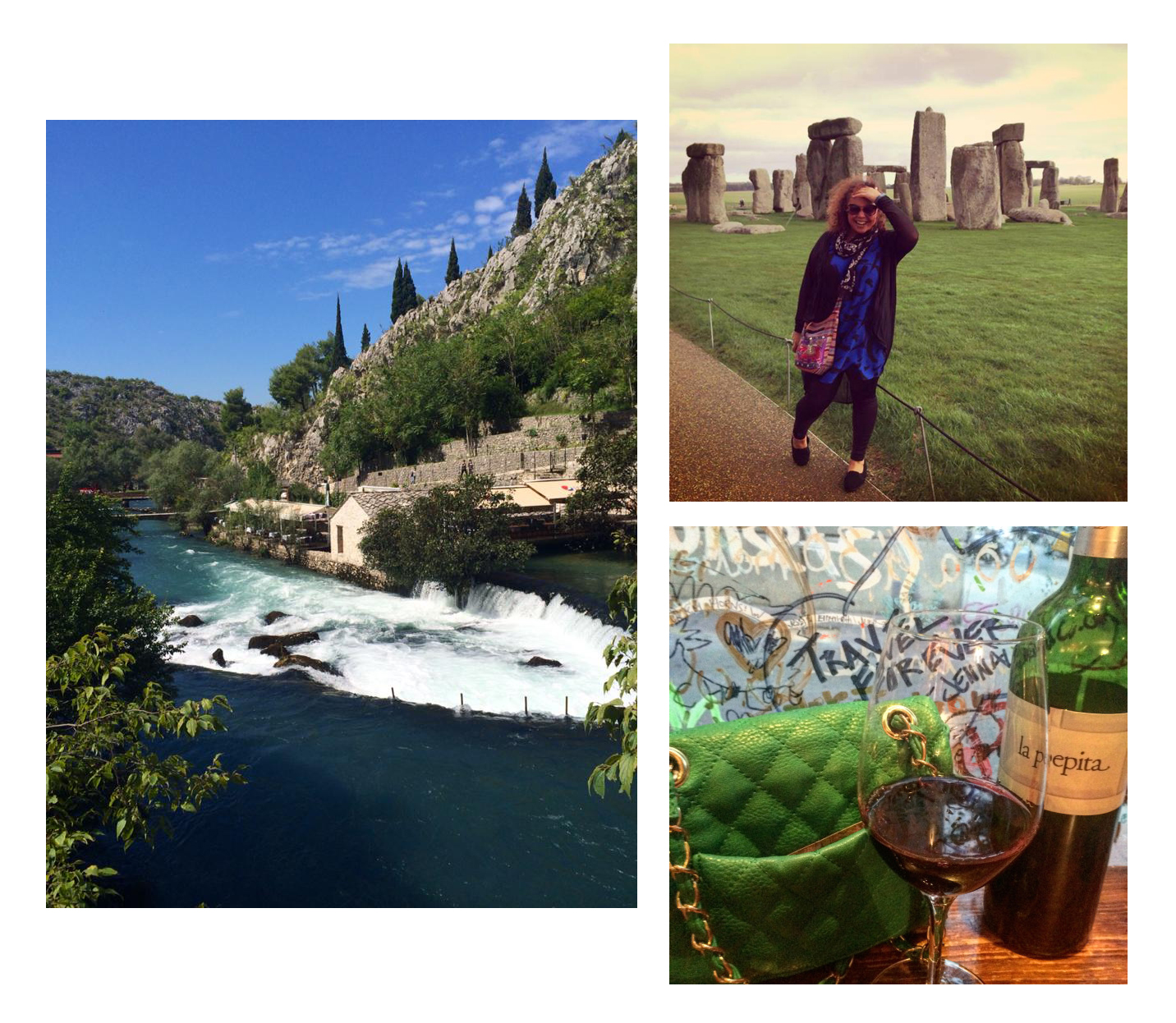 Scenic view in Bosnia, Jenna at Stonehenge, wine and fashion in Barcelona (photos by @jennalogic) 