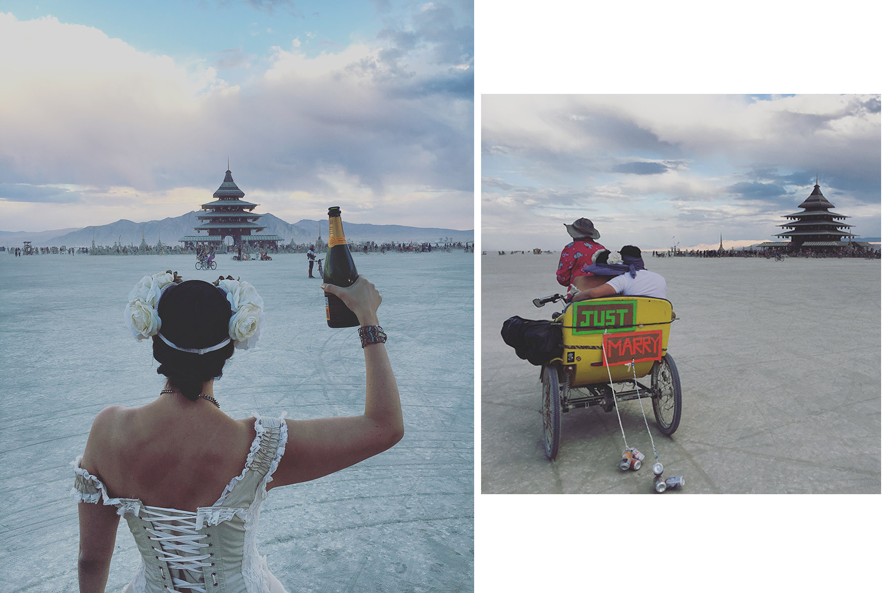 Popping some Veuve Clicquot to celebrate (photo by Cindy Chiang), getting biked around blindfolded by a campmate (photo by Chris Mullendore)