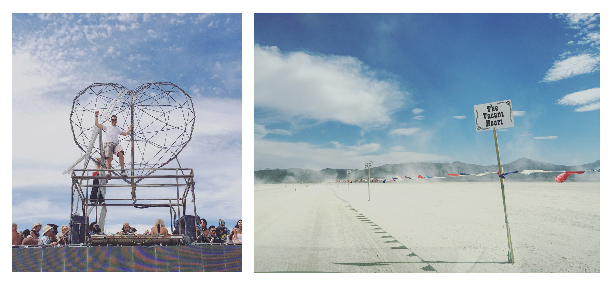 Phil dancing on top of the Robot Heart bus as Lee Burridge DJs (left), driving into Black Rock City (right)