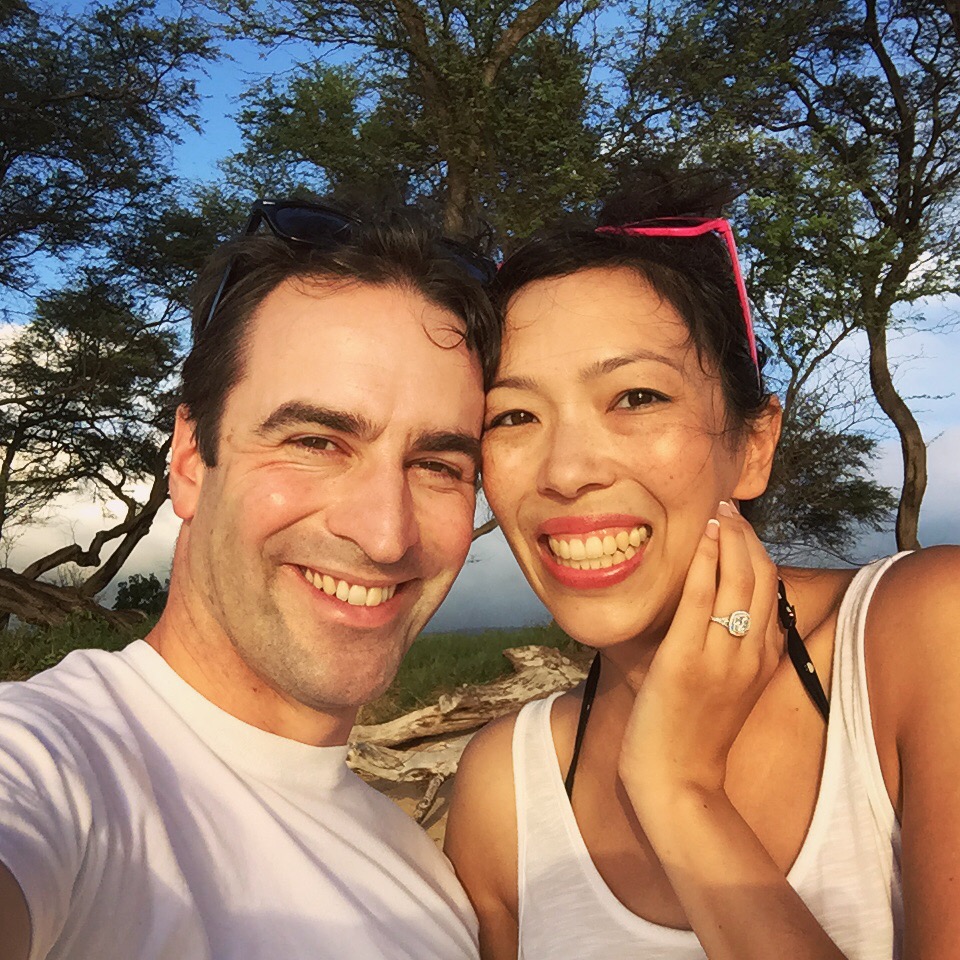 My husband and I getting engaged on the resort's quiet, beautiful beachfront back in 2015