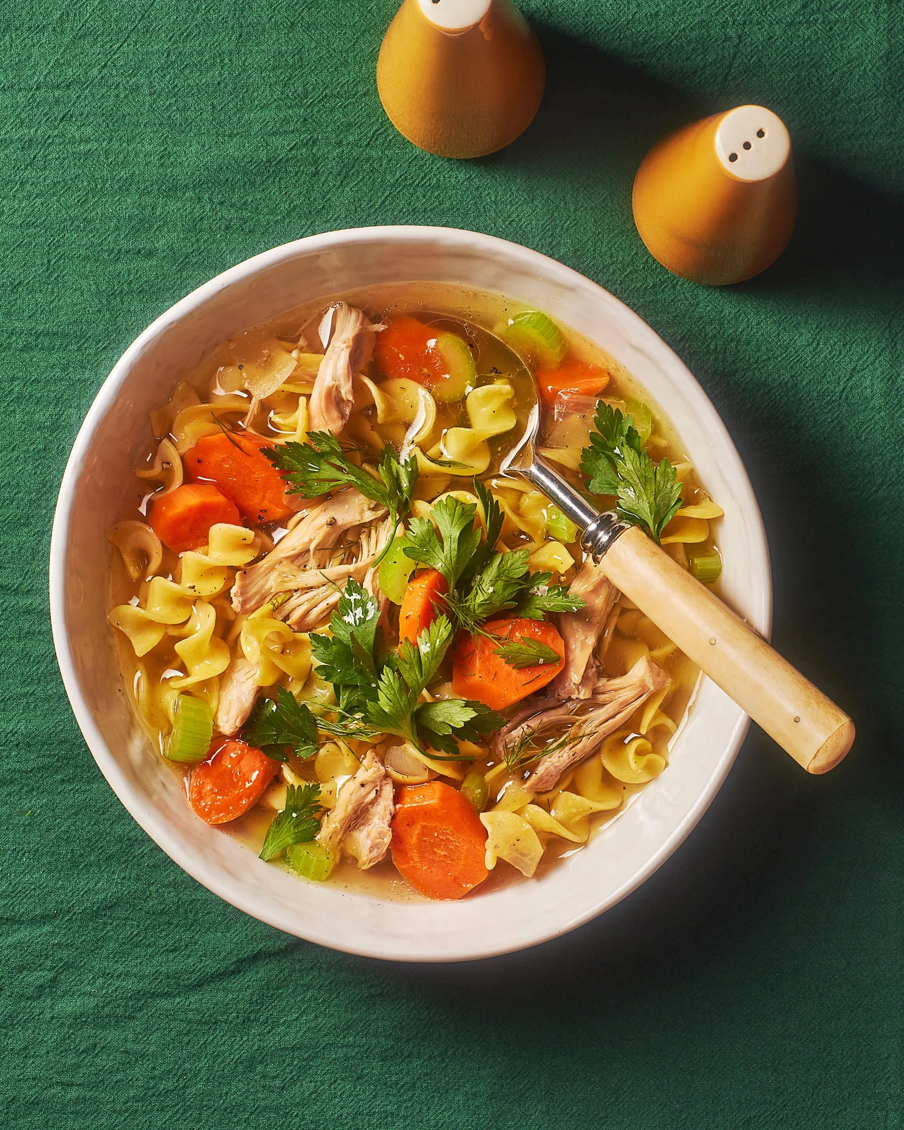 Commercial photography of a bowl of chicken noodle soup