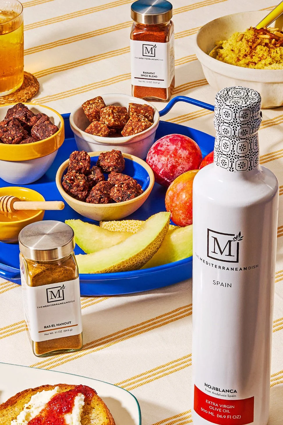 commercial food product photo table with mediterranean products / shot by commercial brand food photographer Ali Redmond