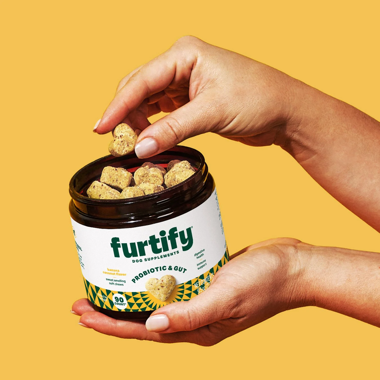 Commercial photography of a woman holding pet supplements