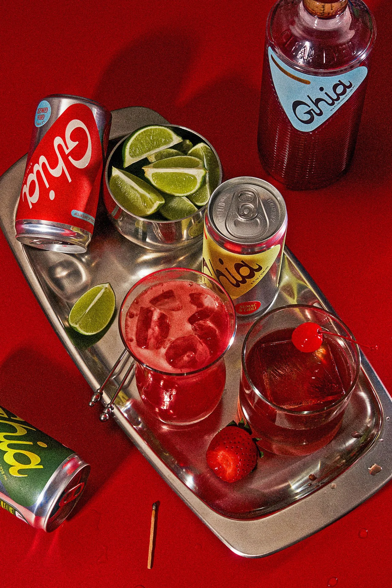 commercial beverage photo of a tray of cocktails using cans of aperitif / shot by commercial brand food photographer Ali Redmond