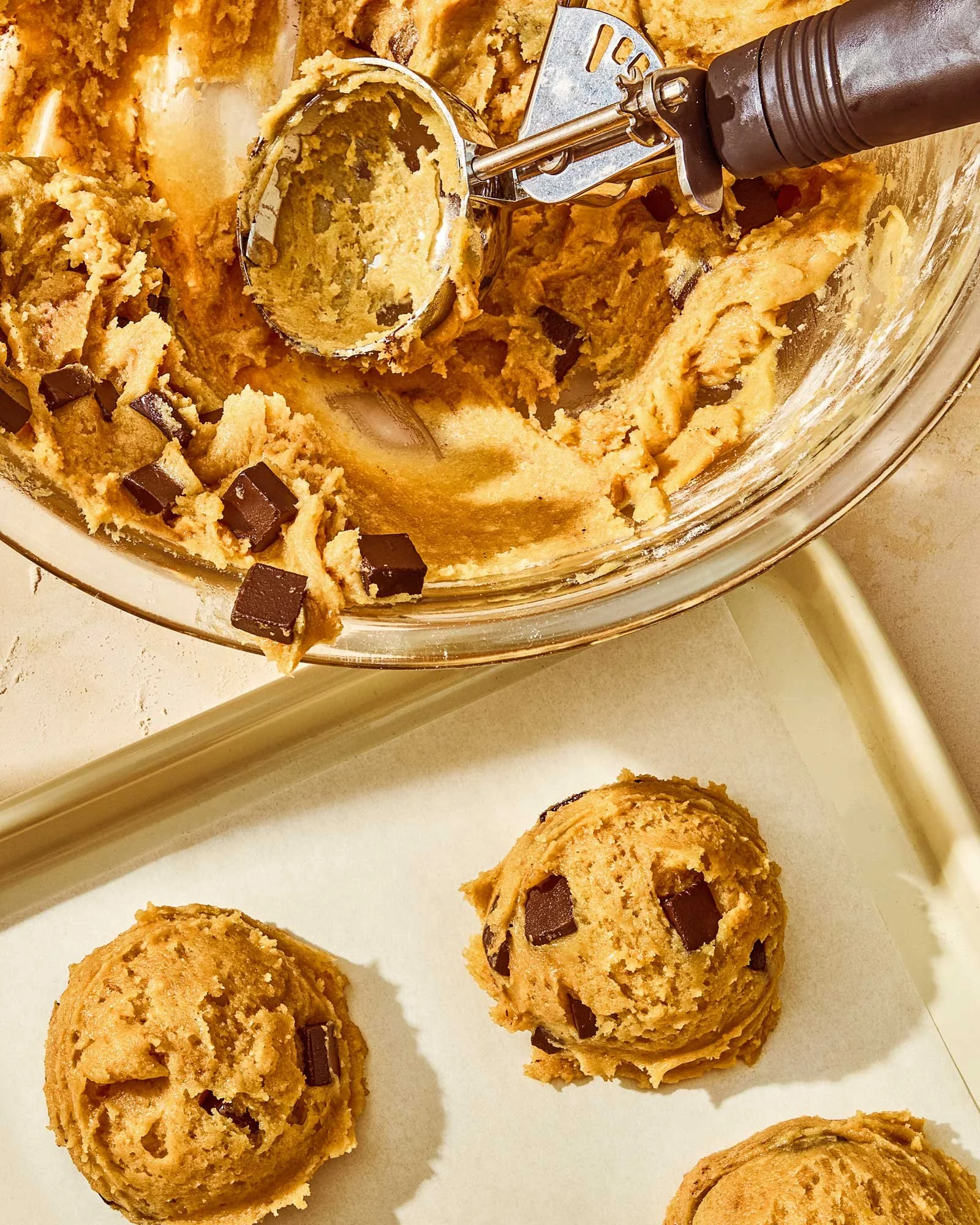 Commercial photography of sheet pan of cookie dough