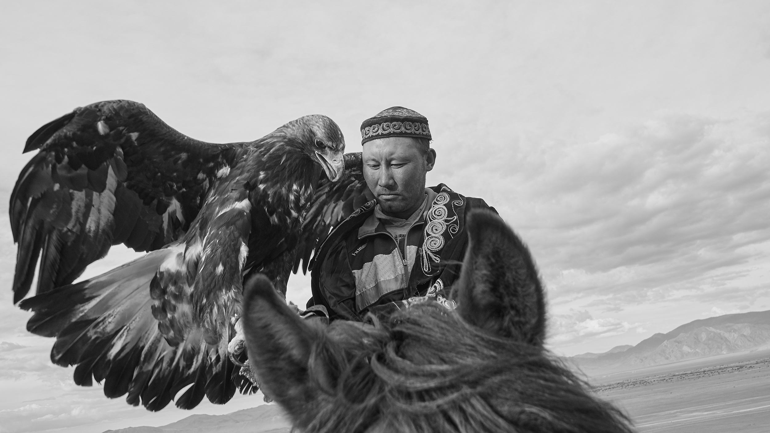A man wearing traditional attire and a patterned cap with a bird of prey and several dogs in an open landscape with cloudy sky and mountains in the background.