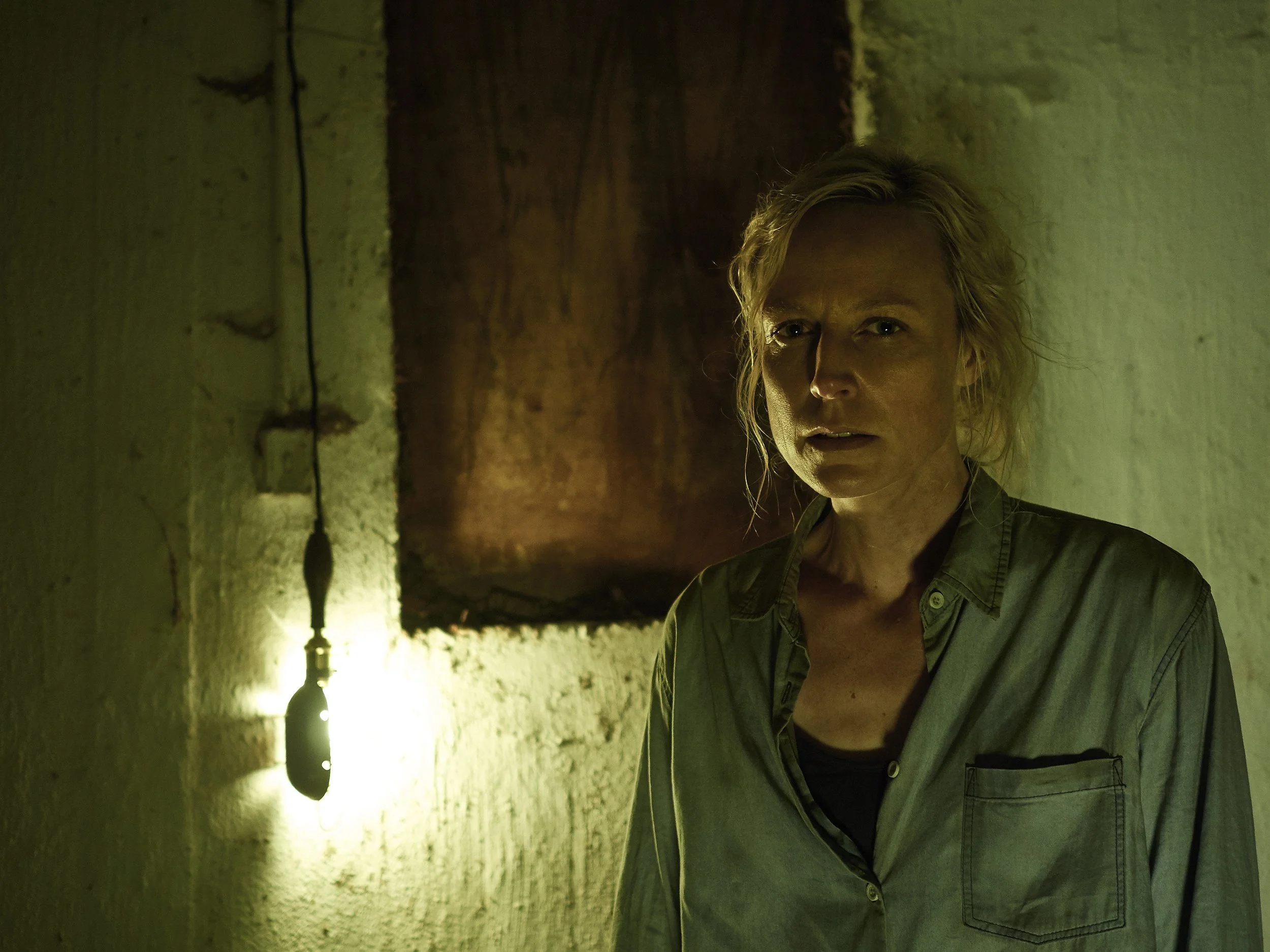 A woman with blonde hair and fair skin stands in a dimly lit, rustic space with textured yellow-green walls. She is wearing a dark green button-up shirt and is illuminated by a warm yellow-green light, creating shadows on her face.