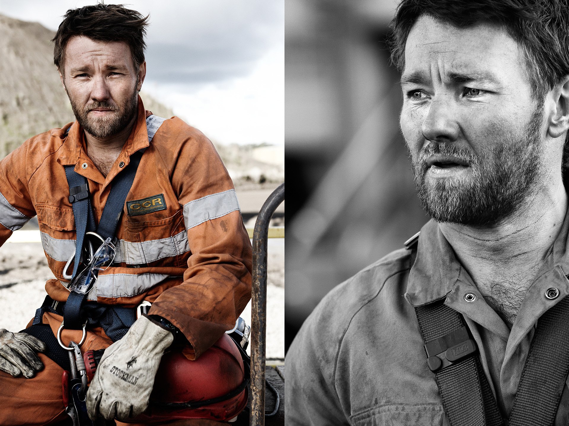 A man with a beard and short hair wearing an orange safety suit and harness, sitting outdoors with a background of a cloudy sky and barren landscape. The image is split into two, with the right side showing a black-and-white close-up of a man with a 