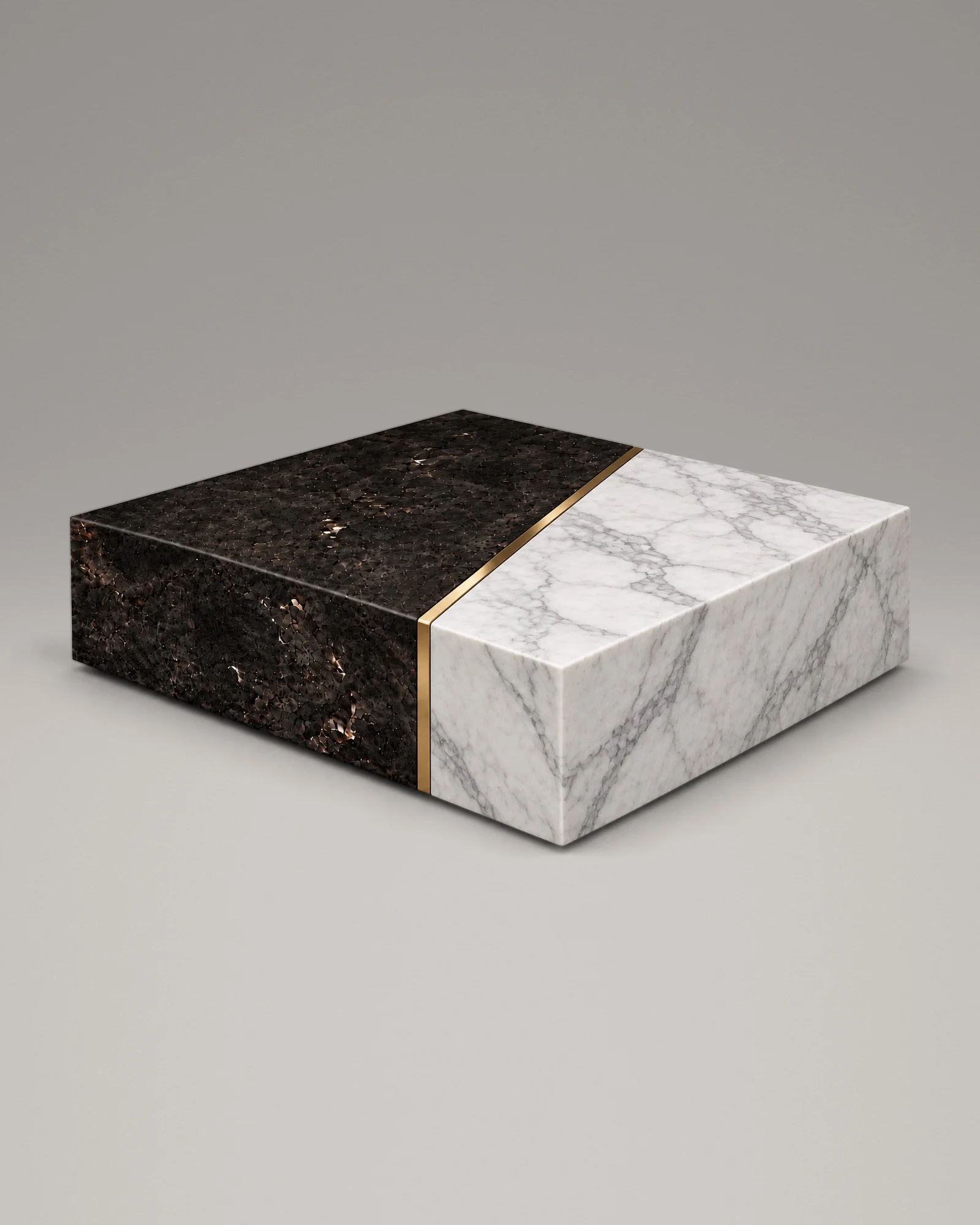 Contrast coffee table in dark granite and white marble with an inset brass channel, 40 x 40 inches