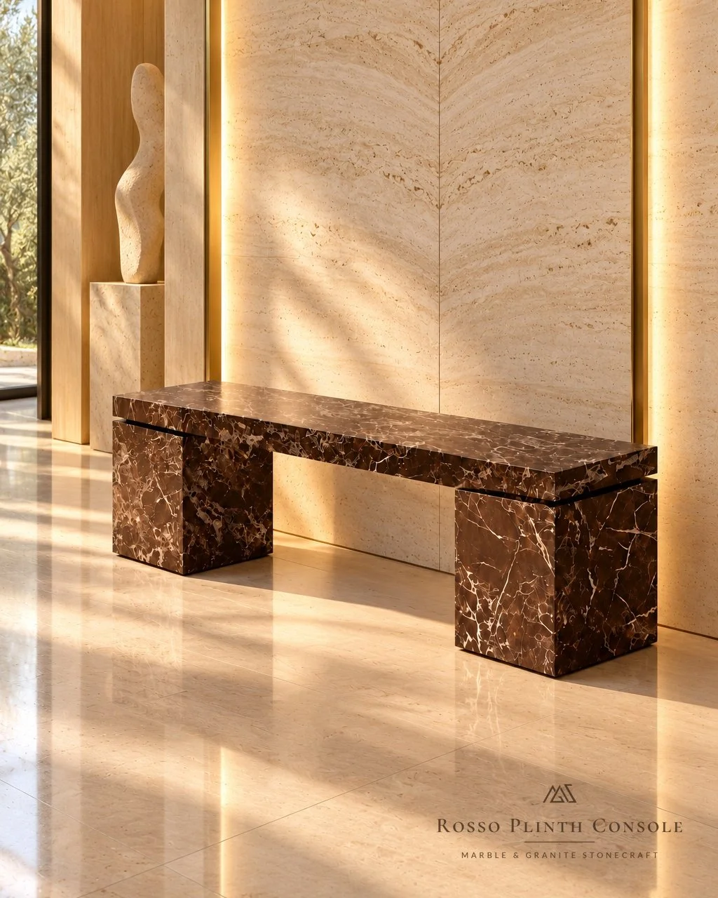 Rosso Plinth Console against a backlit travertine wall