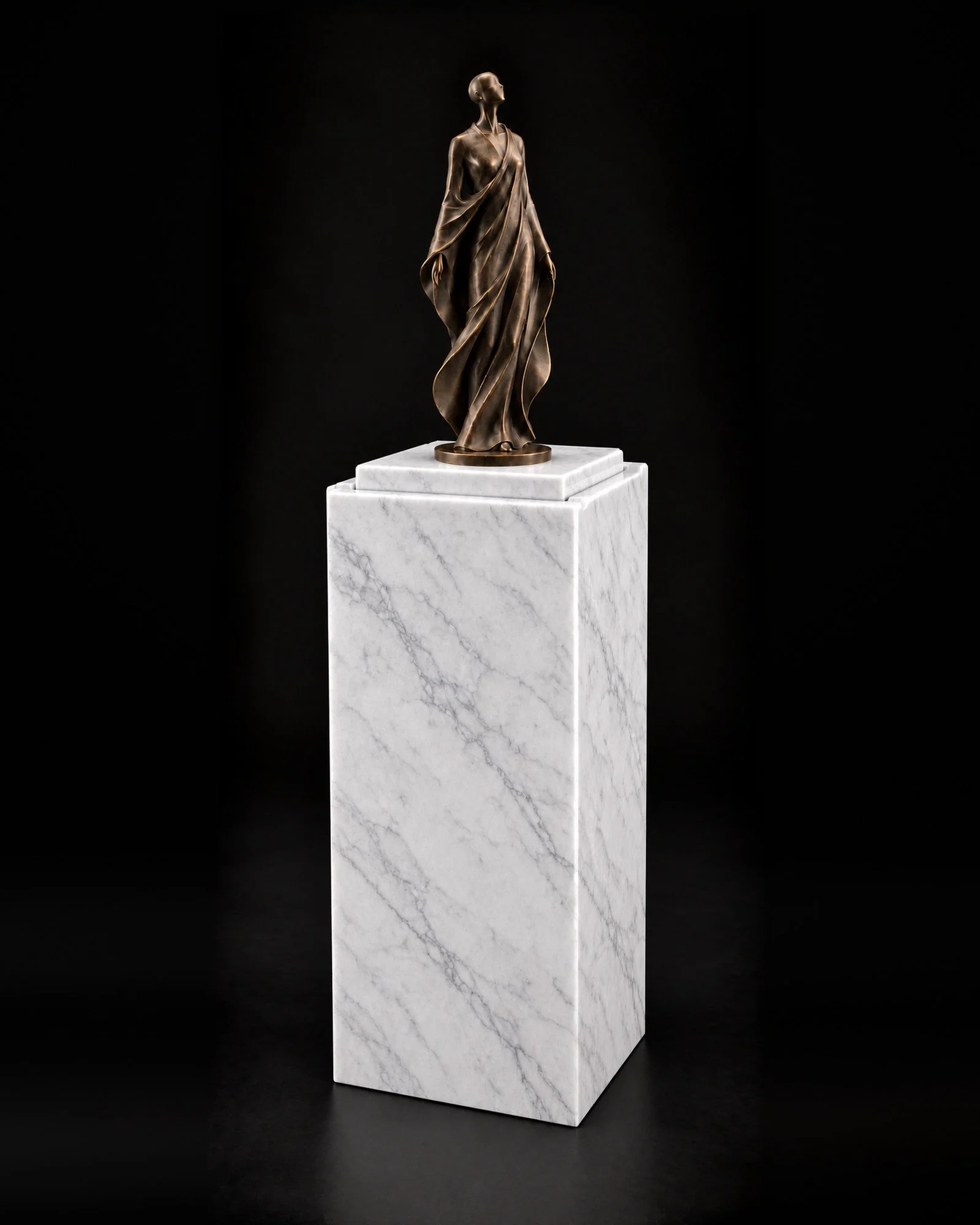 White marble pedestal with recessed top detail, 10 x 10 x 40 inches, angle view