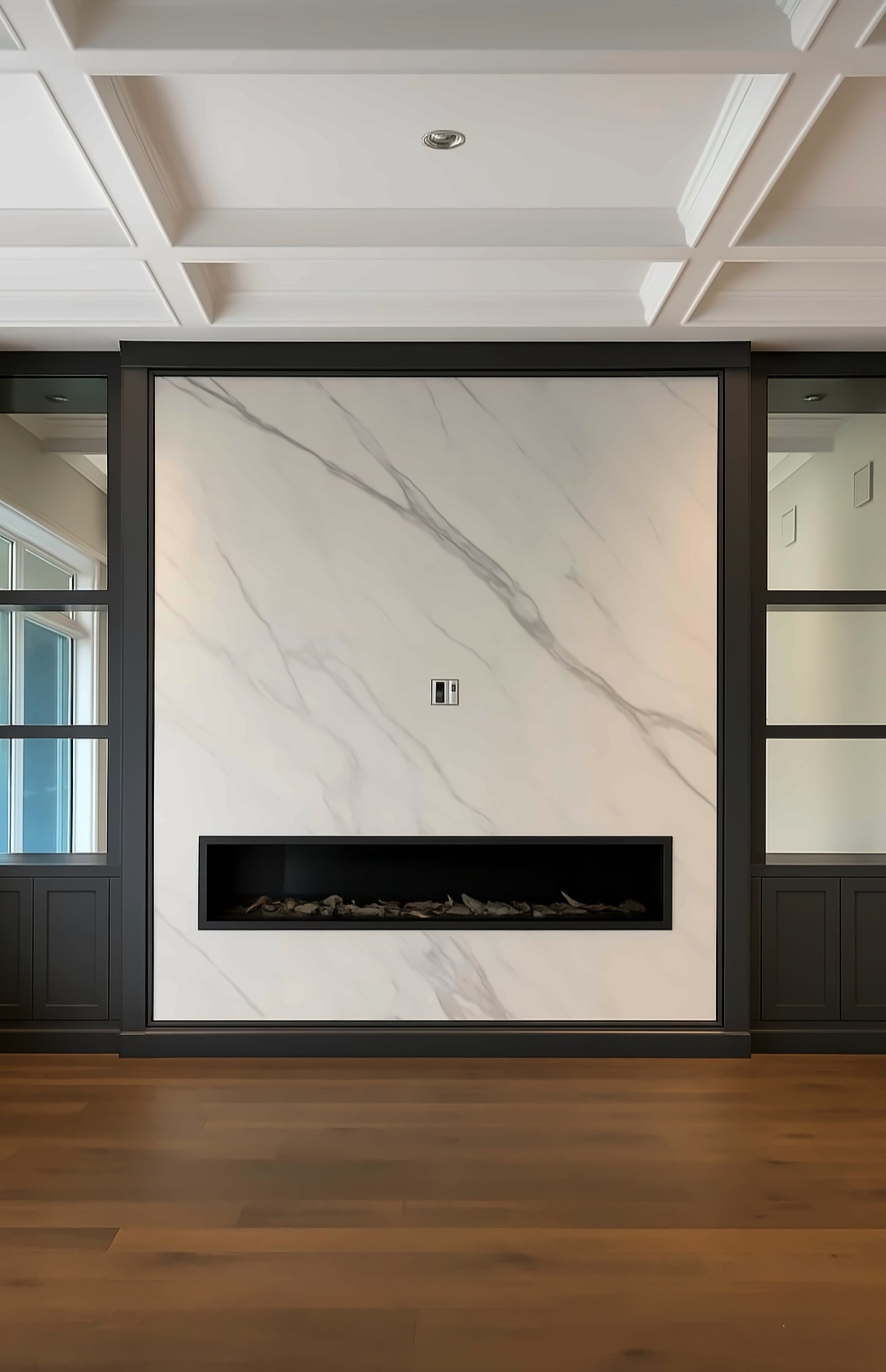 White marble fireplace wall with linear fireplace