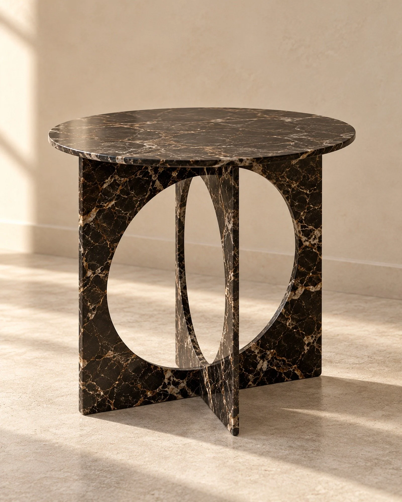 Eclipse Side Table in dark brown marble, front view showing the circular cut-out base