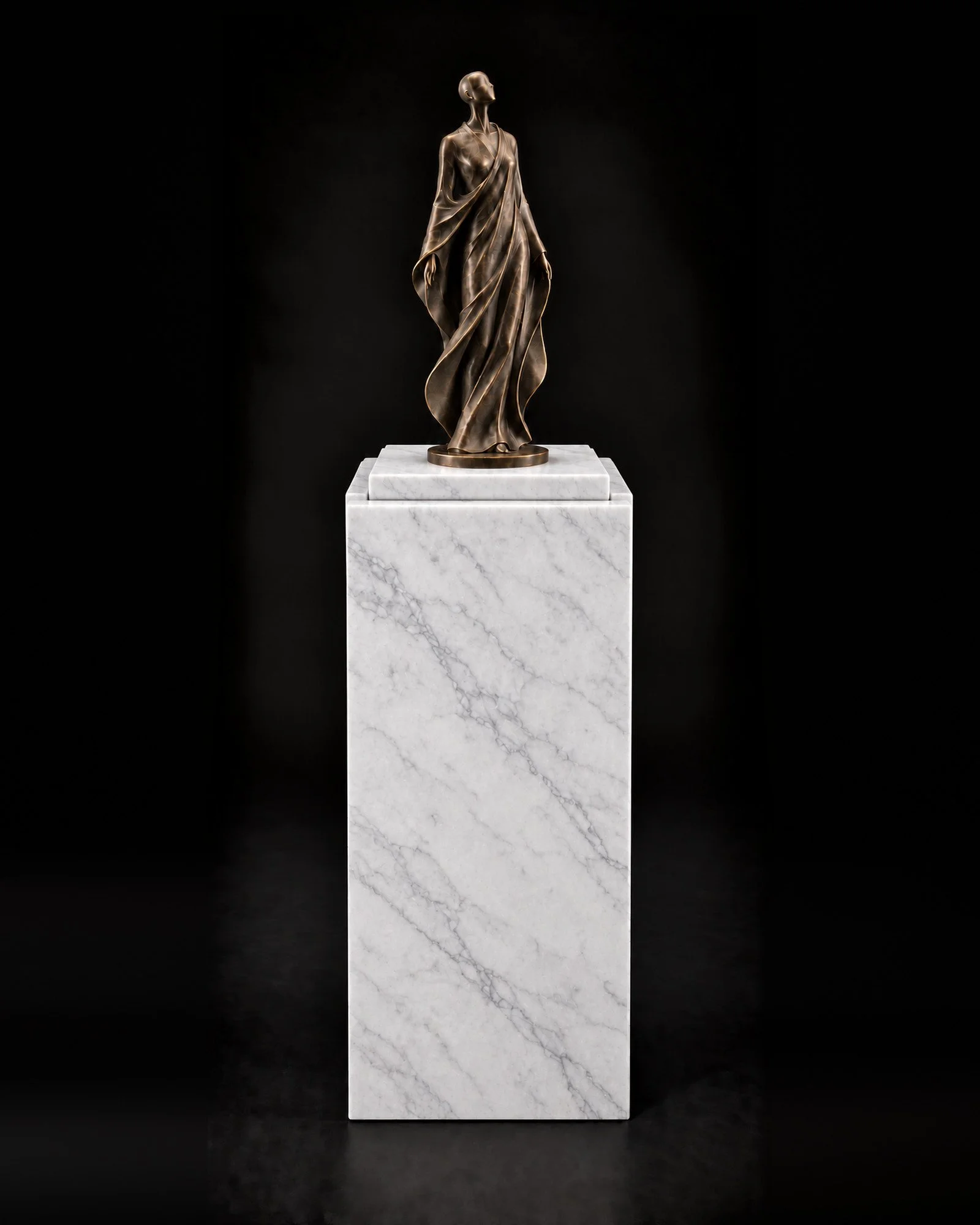 White marble pedestal with recessed top detail, 10 x 10 x 40 inches, front view