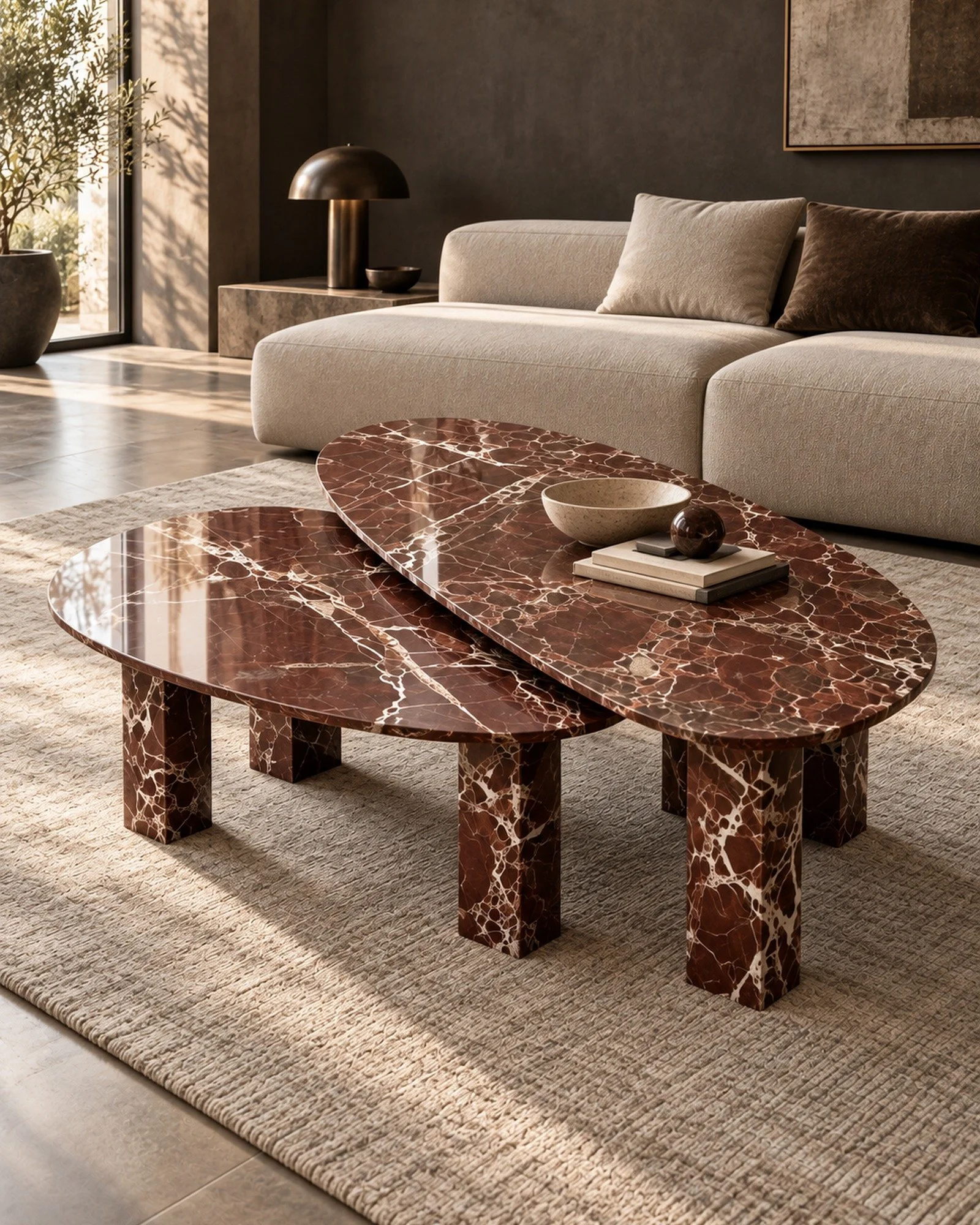 Two oval nesting coffee tables in deep red marble with white veining, set on square stone legs in a warm living room.