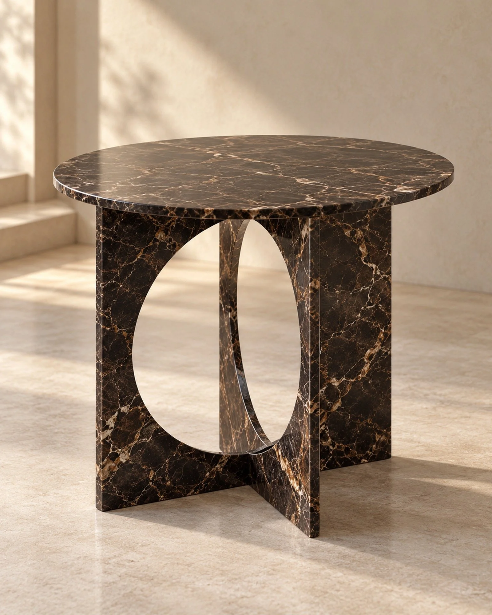 Eclipse Side Table in dark brown marble with gold veining, round top on two interlocking half-moon panels, angled view