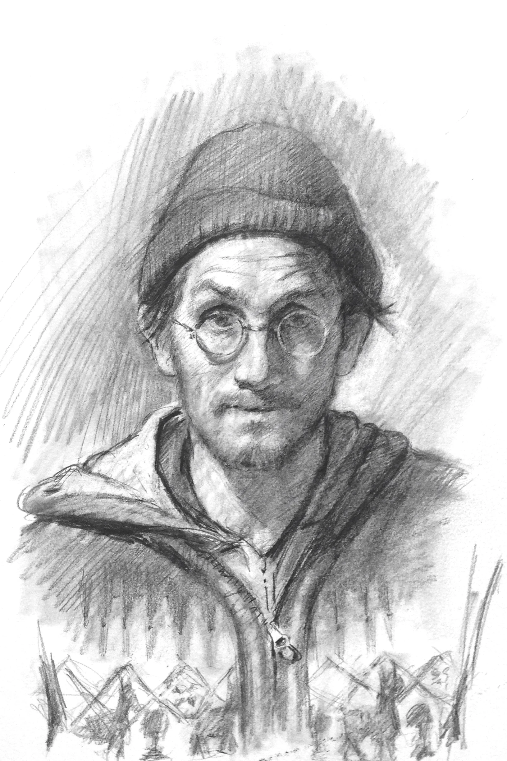 Self Portrait with alpacas, charcoal on paper