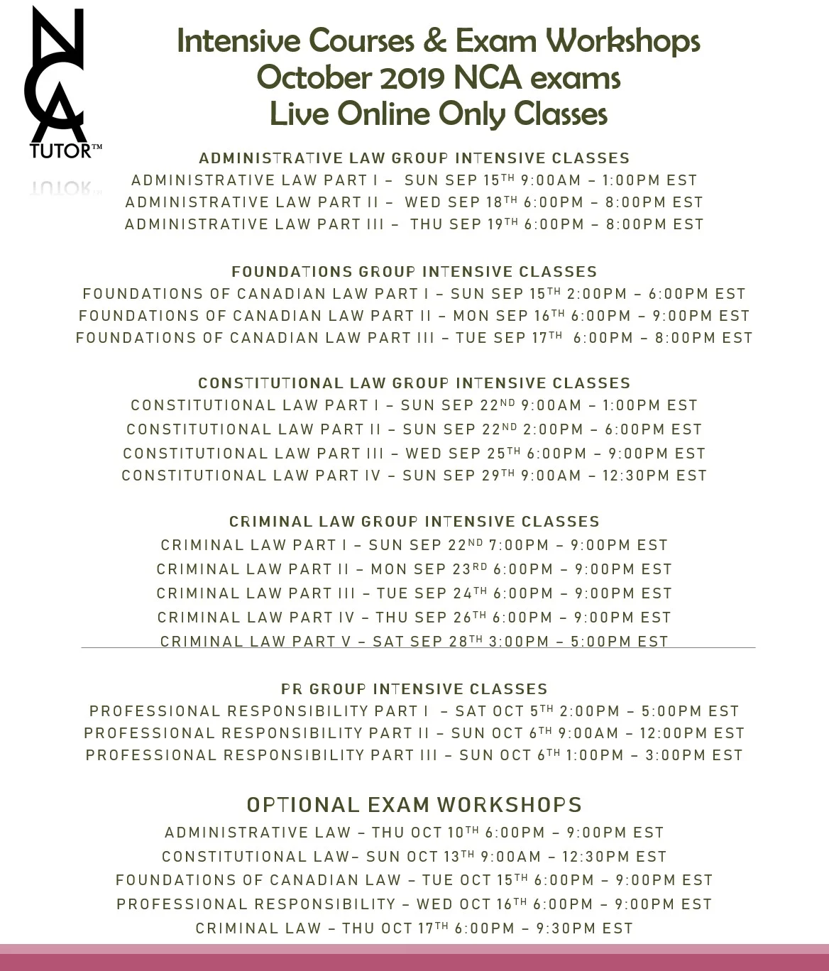 October 2019 NCA Exams - Course Schedule - NCA Tutor™