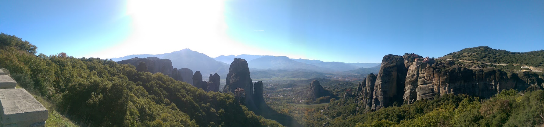 A panorama of Meteora doesn’t do it justice, but I tried! 