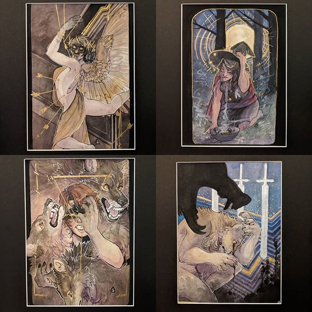 Paintings going to arisia this weekend -- all but the three of sword done over the last week! 💀💀💀 I don't save things for the last minute what are you talking about -&gt;&gt; for a video of the gold on the first painting #tarot #witch #illustratio