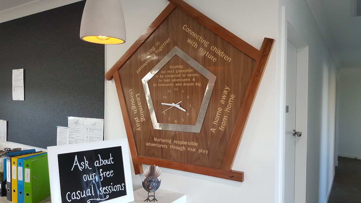 The clock which hangs proudly in The Pentagon’s reception as a permanent reminder to parents and caregivers of the Centre’s special character.