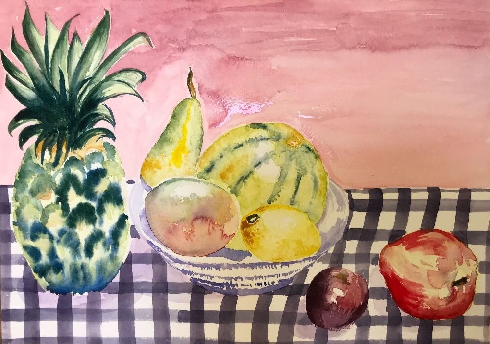 Fruit-bowl-on-checked-tablecloth-watercolours-beginners-Jersey.jpeg