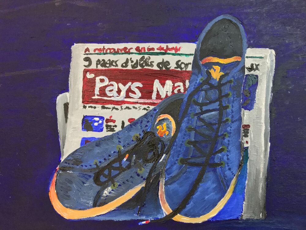 Blue-shoes-on-French-newspaper-acrylics-painting-Jersey.jpeg
