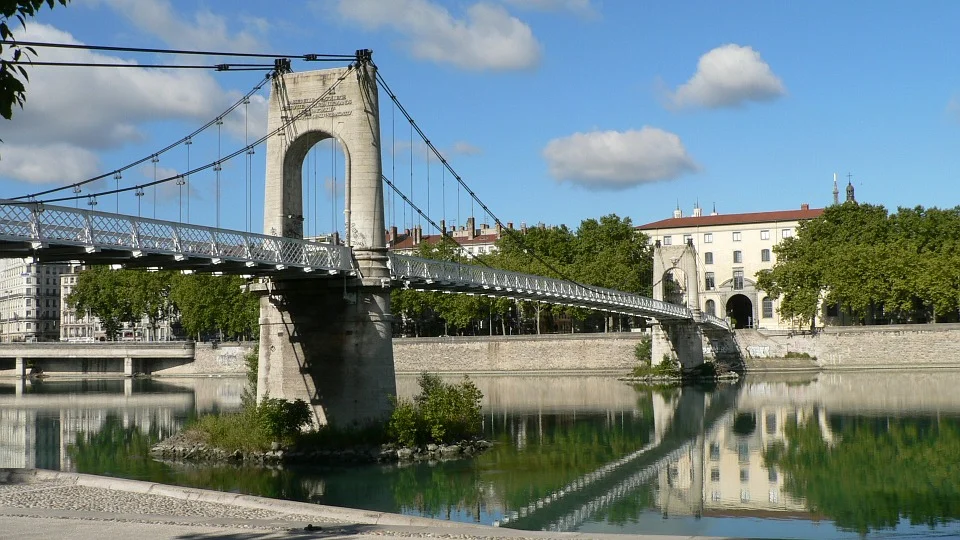 The Gateway College bridge crosses the river Rhone in Lyon.