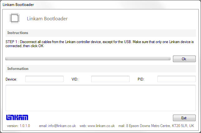 Make sure that the only Linkam device connected to your PC is the one you wish to update the firmware on and click OK.