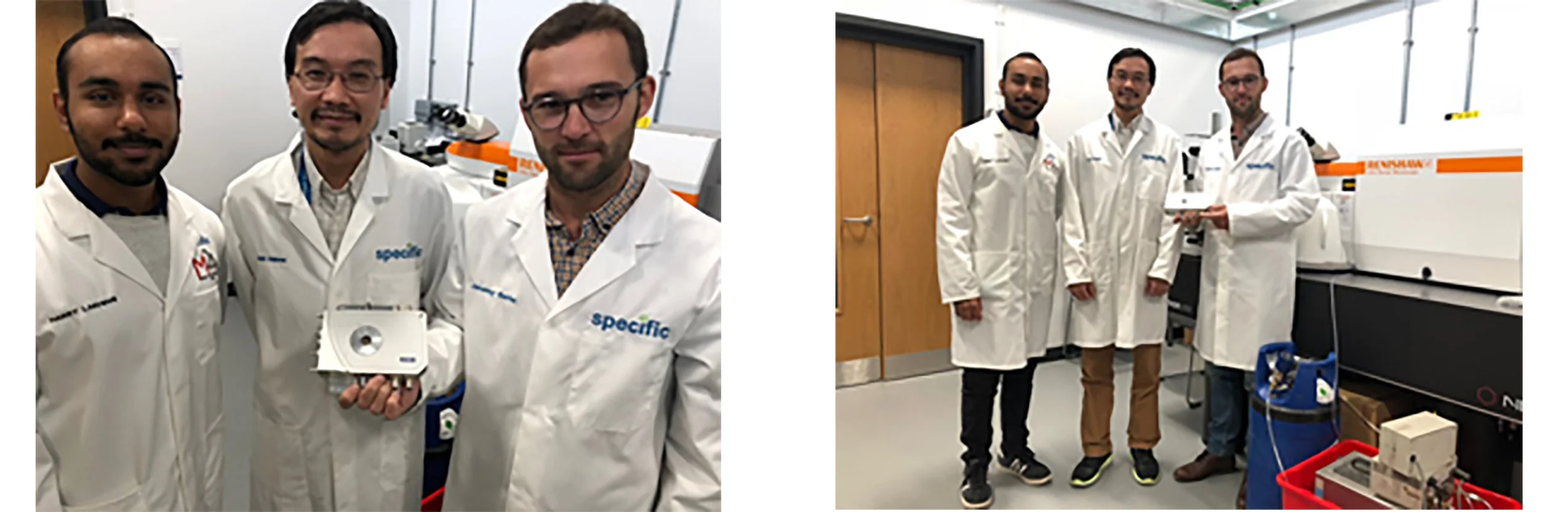 Left: Harry Lakhiani, Middle: Dr Wing Chung Tsoi, Right: Dr Jérémy Barbé, with the Linkam LTS420E-PB4 chamber in the Raman laboratory.