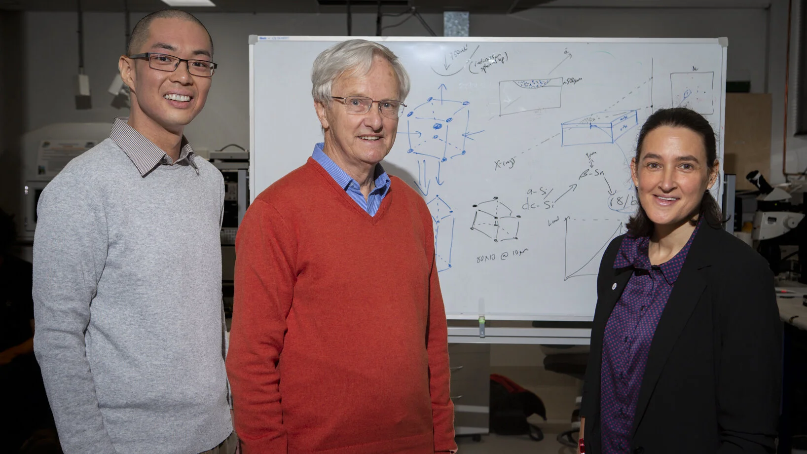 (Left to Right) Dr Sherman Wong, Prof. Jim S. Williams and Prof. Jodie E. Bradby in their lab at the Australia National University
