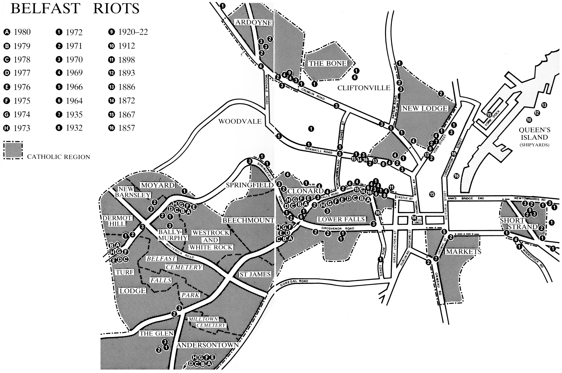Belfast Riots Map 1857-1980
