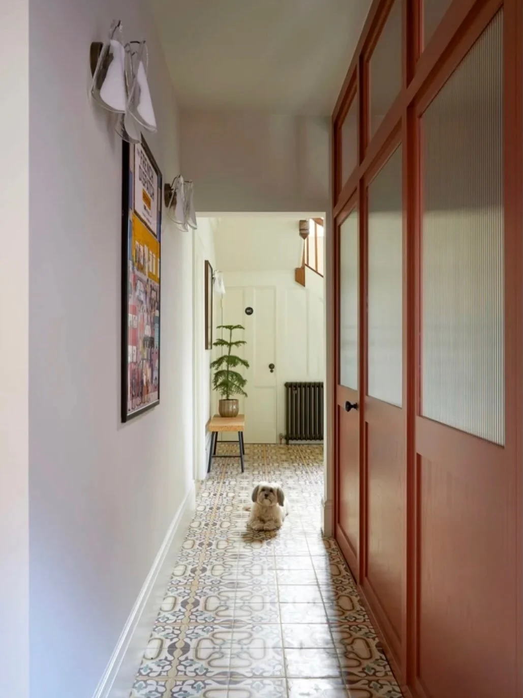 TILES &bull; HEAT &bull; PETS &bull; always love a patterned tile in a hallway. It&rsquo;s a great way to create an instant impact with colour and pattern and also helps to keep our fur babies a little cooler on the hottest days. #tiles #pets #entran