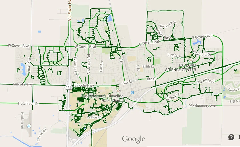Protected bike lanes in Davis, CA. Source: Google Maps